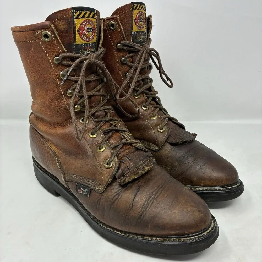 Justin Packer Logger Chestnut Brown 762 Kiltie Leather Work Boots USA Mens 8.5D